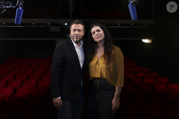 Exclusif - Bernard Montiel, Élise Boghossian lors de l'enregistrement de l'émission Olympiascope présentée par B.Montiel à la Comédie de Paris le 6 mars 2025.  Cette émission sera diffusée le 1er juillet 2025. © Jack Tribeca/Bestimage