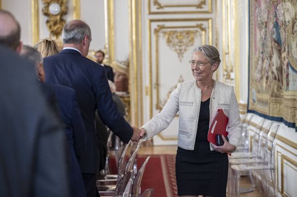 Le premier ministre Elisabeth Borne et Olivier Marleix lors d'une réunion avec les présidents du groupe parlementaire à l'Assemblée nationale française et au Sénat français à l'hôtel de Matignon à Paris, France, le 3 juillet 2023. c Eliot Blondet/Pool/Bestimage