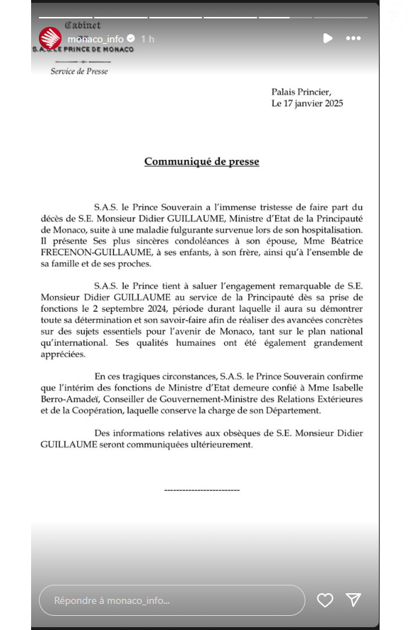 Communiqué de presse du prince Albert de Monaco, repris sur "Instagram" par "Monaco Info".
