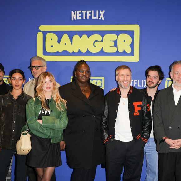 Alexis Manenti, Mister V, Nina Zem, Vincent Cassel, Bertrand Lagros de Langeron a.k.a. 'So Me', Deborah Lukumuena, Tom Dingler, David Dewaele, Stephen Dewaele, Paul Mirabel, Alice Moitié, Philippe Katerine et Panayotis Pascot - Avant-première du film "Banger" au Pathé Wepler à Paris le 1er avril 2025. © Coadic Guirec/Bestimage