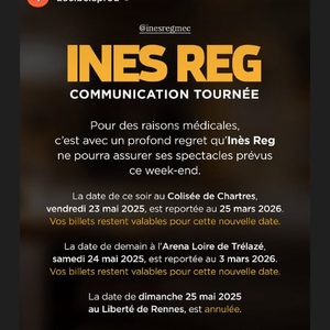 Elle a fait ce choix pour des raisons médicales

Inès Reg annonce l'annulation de trois représentations de son spectacle - Instagram, 23 mai 2025