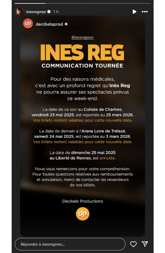 Elle a fait ce choix pour des raisons médicales

Inès Reg annonce l'annulation de trois représentations de son spectacle - Instagram, 23 mai 2025