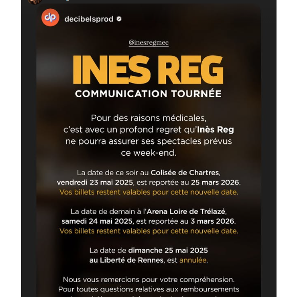 Elle a fait ce choix pour des raisons médicales

Inès Reg annonce l'annulation de trois représentations de son spectacle - Instagram, 23 mai 2025