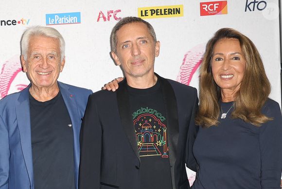 Gilbert Coullier, Gad Elmaleh et Nicole Coullier - Générale du spectacle musical "Bernadette de Lourdes" au Dôme de Paris à Paris le 21 septembre 2023. © Coadic Guirec/Bestimage