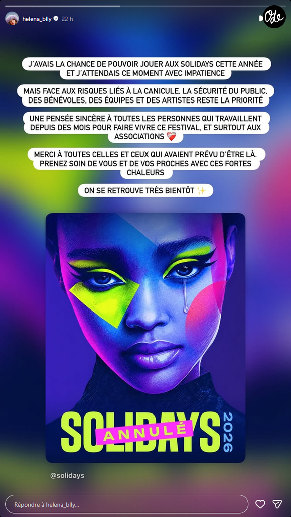Helena prend la parole suite à l'annulation du Festival Solidays - Instagram