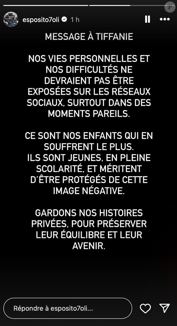 Story Instagram d'Olivier Esposito, le mari de Tiffanie Esposito, datant du samedi 23 août 2025.