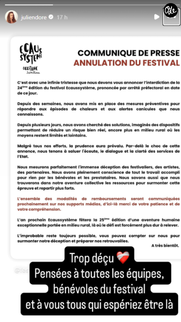 Capture d'écran de la story de @juliendore sur Instagram mercredi 29 juillet 2026.