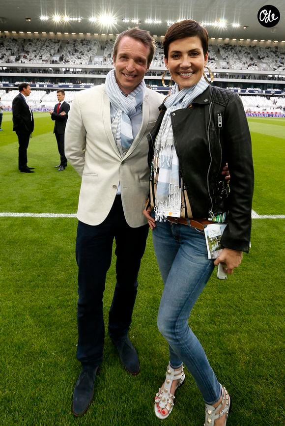 Stéphane Rotenberg et Cristina Cordula lors du match de Ligue 1 de football opposant les Girondins de Bordeaux (FCGB) au HSC Montpellier au Nouveau Stade de Bordeaux, dans le sud-ouest de la France, le 23 mai 2015. Photo de Patrick Bernard/ABACAPRESS.COM