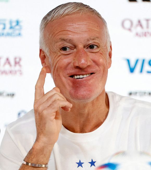 Didier Deschamps, sélectionneur de l'équipe de France, réagit lors d'une conférence de presse à la veille du match du groupe D entre la France et l'Australie lors de la Coupe du monde 2022 à Doha, au Qatar, le 21 novembre 2022. Photo Wang Lili/Xinhua/ABACAPRESS.COM