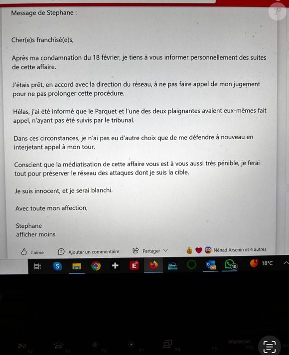Message de Stéphane Plaza aux franchisés de ses agences immobilières envoyé le 6 mars 2025.