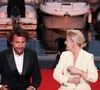 Avec également Lorrain Senechal, ils ont entrepris de reproduire la désormais célèbre photo du photographe Jr où apparaissent Robert De Niro, Quentin Tarantino et Leonardo DiCaprio, réunis le soir du lancement du Festival.
Exclusif - Anne-Elisabeth Lemoine, Bertrand Chameroy, sur le plateau de l'émission "C à vous" lors du 78ème Festival International du Film de Cannes, France, le 16 mai 2025. © Jack Tribeca/Bestimage