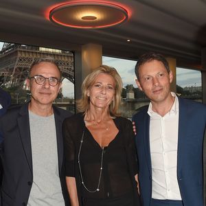 Semi-exclusif - Philippe Besson et son compagnon Sofiane, Claire Chazal, Marc-Olivier Fogiel et son mari François Roelants - Soirée du 90ème anniversaire de Line Renaud sur le Bateau Potel et Chabot "Pavillon Seine" à Paris le 2 juillet 2018. © Coadic Guirec/Bestimage