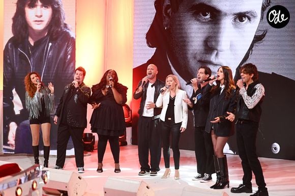 Mélodie Balavoine avec la troupe de la comédie musicale Balavoine ma bataille avec Odem, Florence François, Antoine Wend, Fanny Mandréa et Roland Karl lors de l'enregistrement de l'émission "Vivement dimanche" édition spéciale intitulée 'Sagas familiales' au studio Rive gauche, présentée par M.Drucker et diffusée le 27 septembre sur France 3, à Paris, France, le 22 septembre 2026. © Guillaume Gaffiot/Bestimage