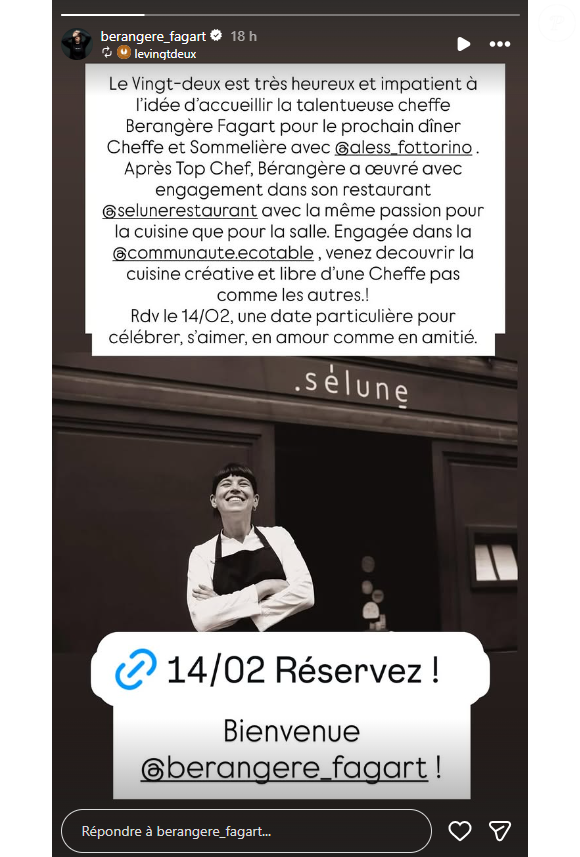 Elle annonce en story sur Instagram proposer un dîner accord mets et vins au restaurant "Le Vingt Deux", à Montreuil, en région parisienne.

Bérangère Fagart, ancienne candidate de "Top Chef", donne des nouvelles après la fermeture de son restaurant.