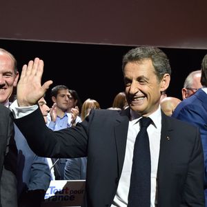 Eric Woert, Nicolas Sarkozy, François Baroin et Christian Jacob - Meeting "Tout pour la France" de Nicolas Sarkozy au Zénith de Paris, France, le 9 octobre 2016. 

© Lionel Urman/Bestimage