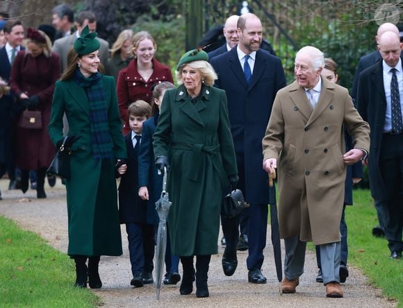 Catherine (Kate) Middleton, princesse de Galles, Prince Louis, le prince William, prince de Galles, Le roi Charles III d'Angleterre et Camilla Parker Bowles, reine consort d'Angleterre - La famille royale britannique se rend à la messe de Noël à Sandringham le 25 décembre 2024.