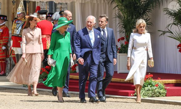 Brigitte Macron, Emmanuel Macron, le roi Charles III, la reine Camilla, William, le prince de Galles, Catherine, la princesse de Galles lors de la cérémonie d'accueil pour la visite d'État au Royaume-Uni du président français au château de Windsor, Berkshire, Royaume-Uni, le 8 juillet 2025. Photo by Richard Pohle/The Times/News Licensing/ABACAPRESS.COM