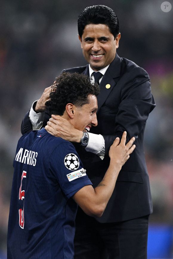 Nasser Ghanim Tubir Al-Khelaifi-Marquinhos - Le PSG remporte la Ligue Des Champions 2025, pour la première fois de son histoire, face à l'Inter Milan (5-0) à l'Allianz Arena de Munich, le 31 mai 2025.Image Sport/PsnewZ/Bestimage