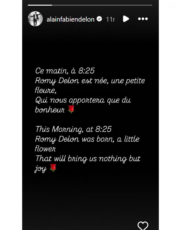 Leur petite Romy a pointé le bout de son nez ce mardi 29 avril à 8h25
Alain-Fabien Delon et Laura Bensadoun sont parents : leur petite Romy est née