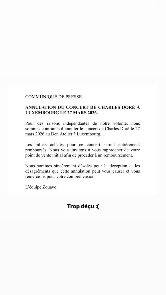 Charles Doré a ouvertement évoqué l'annulation de son concert prévu au Luxembourg. Capture d'écran Instagram