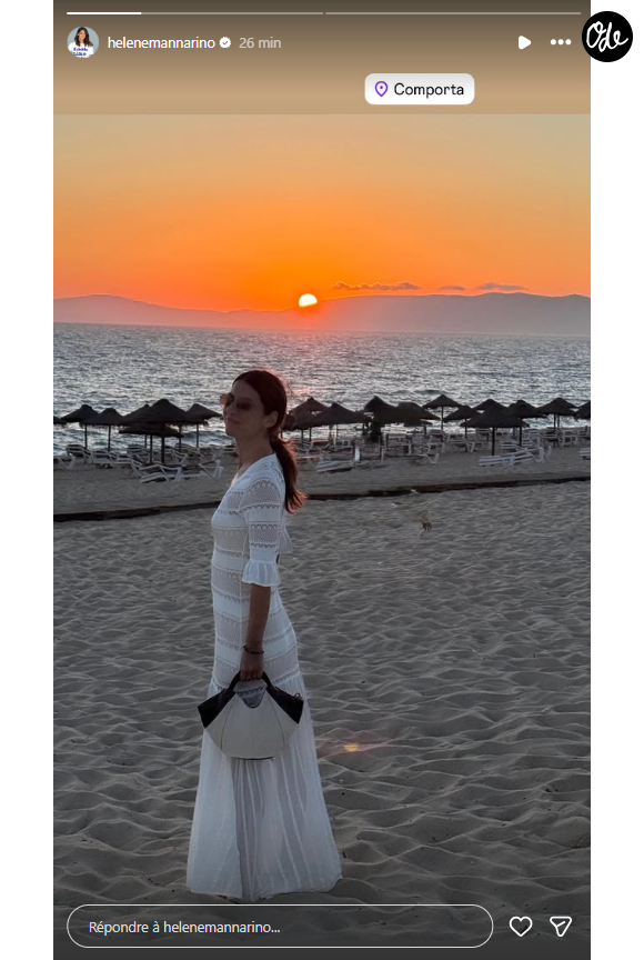L'animatrice a d'abord publié un cliché, où elle apparaît vêtue d'une magnifique longue robe blanche bohème en dentelle, un élégant panier à la main, elle prend la pose les pieds dans le sable, sublimée par un coucher de soleil incandescent qui plonge dans l'océan Atlantique. 

Helene Mannarino et Thomas Mekhiche en vacances ensemble à Comporta.