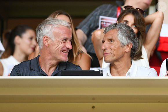 Didier Deschamps et Nagui durant le Match de football de Ligue 1 opposant Monaco à Lille au stade Louis II le 18 août 2018. Pour leur première rencontre à domicile de la saison 2018/2019, les monégasques n'ont obtenu qu'un match nul 0 - 0. © Bruno Bebert/Bestimage