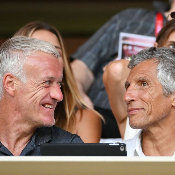 Didier Deschamps et Nagui durant le Match de football de Ligue 1 opposant Monaco à Lille au stade Louis II le 18 août 2018. Pour leur première rencontre à domicile de la saison 2018/2019, les monégasques n'ont obtenu qu'un match nul 0 - 0. © Bruno Bebert/Bestimage