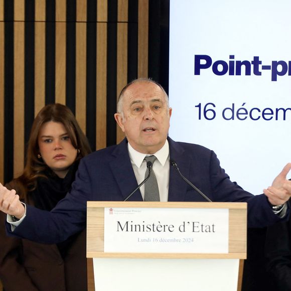 Exclusif - Didier Guillaume, ministre d’état de Monaco, Camille Gottlieb (présidente de Be Safe Monaco, Association Monégasque de lutte contre
la consommation d’Alcool au volant) - Conférence de presse sur la sécurité routière à Monaco le 16 décembre 2024.