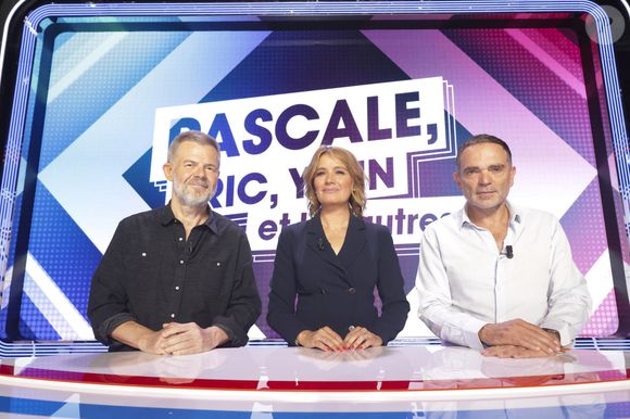 Exclusif - Eric Naulleau, Pascale de la Tour du Pin, Yann Moix, tournage du pilote de « Pascale, Eric, Yann et les autres », Paris, France, le 29 aout 2024. © Jack Tribeca / Bestimage