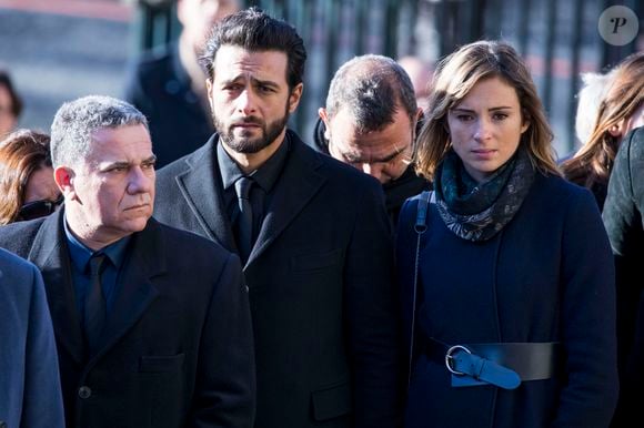 Thierry Chassagne, Maxim Nucci (Yodélice) et sa compagne Isabelle Ithurburu - Arrivées des personnalités en l'église de La Madeleine pour les obsèques de Johnny Hallyday à Paris. Le 9 décembre 2017