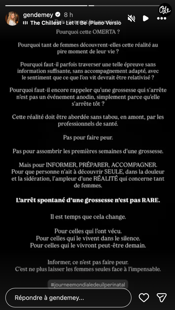 Elle regrette également certaines paroles qui minimisent la douleur ressentie après la perte d’un bébé.

Capture Instagram - Gennifer Demey
