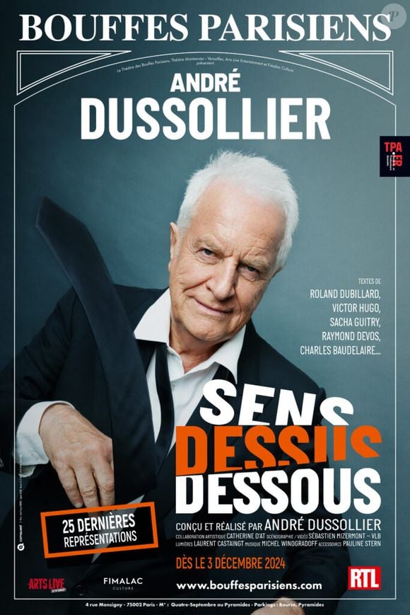 "Sans Dessus-Dessous" explore la vie d'un homme qui remet en question ses certitudes à travers des fragments de textes variés.
Affiche du spectacle "Sans Dessus-Dessous" au Théâtre des Bouffes Parisiens.