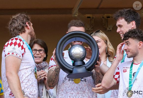Ragnar Le Breton, la princesse Stéphanie de Monaco, Matt Pokora (M. Pokora), Camille Gottlieb, Louis Ducruet - La famille princière de Monaco assiste au match de football Racing Stars Football Cup opposant les pilotes Nazionale Piloti contre les Barbagiuans au stade Louis II à Monaco le 21 mai, 2025. © Claudia Albuquerque/Bestimage