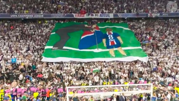 Le magnifique tifo des supporters du PSG en hommage à Xana avec son Luis Enrique (coach du PSG) lors de la Finale de la Ligue Des Champions 2025 "PSG - Inter Milan" à l'Allianz Arena de Munich, le 31 mai 2025. Capture d'écran TV via Bestimage