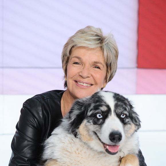 Exclusif - Véronique Jannot et sa chienne à l'enregistrement de l'émission Vivement dimanche au studio Gabriel, le 15 octobre 2023.

Photo : Guillaume Gaffiot / Bestimage