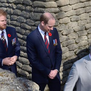 Le prince Charles, prince de Galles, David le prince William, duc de Cambridge et le prince Harry visitent les tranchées de Vimy lors des commémorations des 100 ans de la bataille de Vimy, (100 ans jour pour jour, le 9 avril 1917) dans laquelle de nombreux Canadiens ont trouvé la mort lors de la Première Guerre mondiale, au Mémorial national du Canada, à Vimy, France, le 9 avril 2017. © Aurore Marechal/Pool/Bestimage