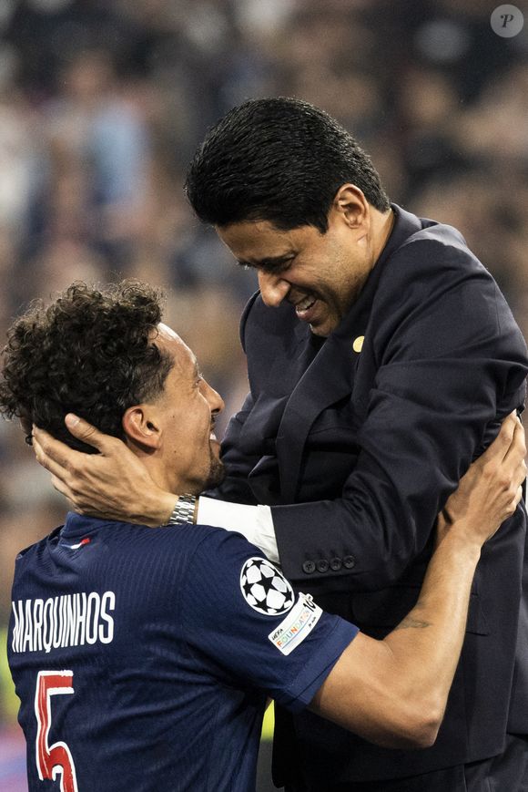 Nasser Al Khelaïfi et Marquinhos - Le PSG remporte la Ligue Des Champions 2025, pour la première fois de son histoire, face à l'Inter Milan (5-0) à l'Allianz Arena de Munich, le 31 mai 2025.
© Cyril Moreau/Bestimage