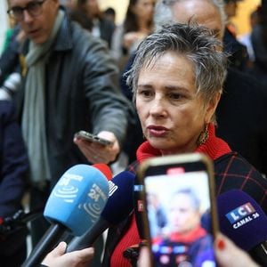 L'actrice française Anouk Grinberg s'adresse à la presse à son arrivée au tribunal correctionnel où l'acteur français Gérard Depardieu sera jugé pour agression sexuelle, à Paris, France, le 28 octobre 2024. Photo par Raphael Lafargue/ABACAPRESS.COM