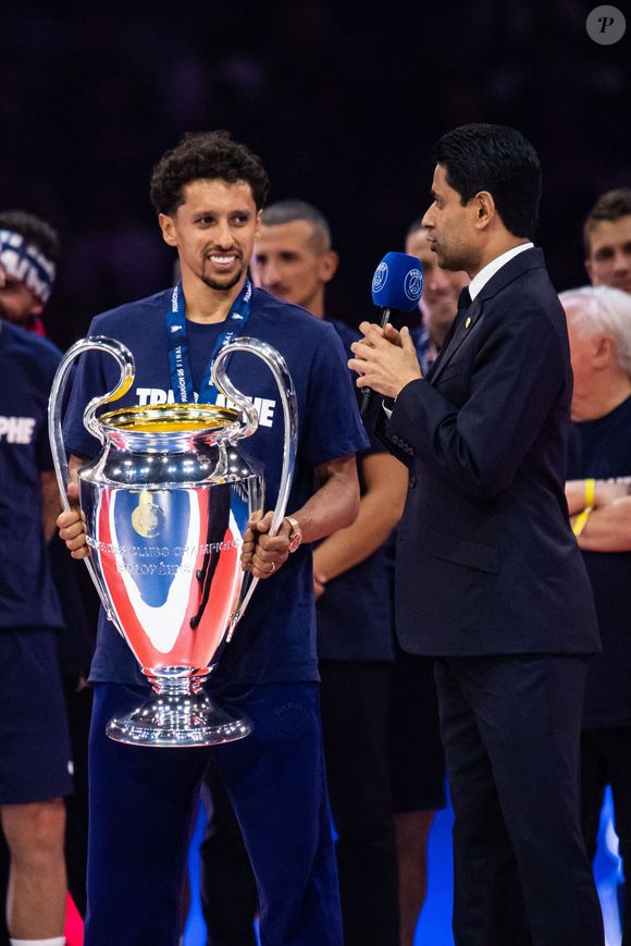 Marquinhos Nasser al-Khelaïfi - Les joueurs du PSG célèbrent leur titre de Champion d'Europe au Parc Des Princes à Paris, le 1er juin 2025.
© Baptiste Autissier/PsnewZ/Bestimage