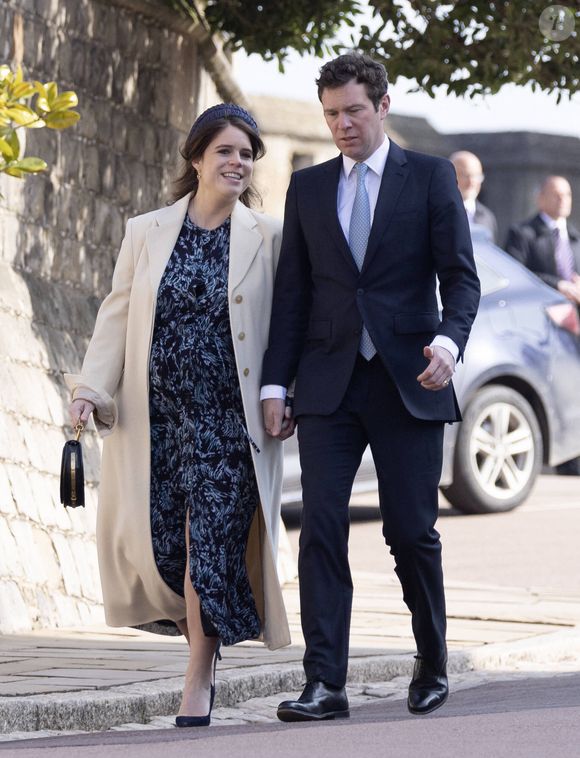 La princesse Eugenie d'York et son mari Jack Brooksbank - La famille royale du Royaume Uni va assister à la messe de Pâques à la chapelle Saint Georges au château de Windsor, le 9 avril 2023. 
Dana Press