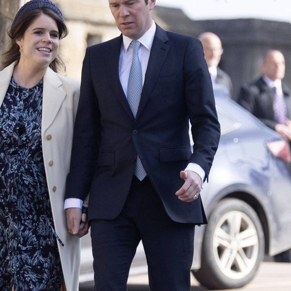 La princesse Eugenie d'York et son mari Jack Brooksbank - La famille royale du Royaume Uni va assister à la messe de Pâques à la chapelle Saint Georges au château de Windsor, le 9 avril 2023. 
Dana Press