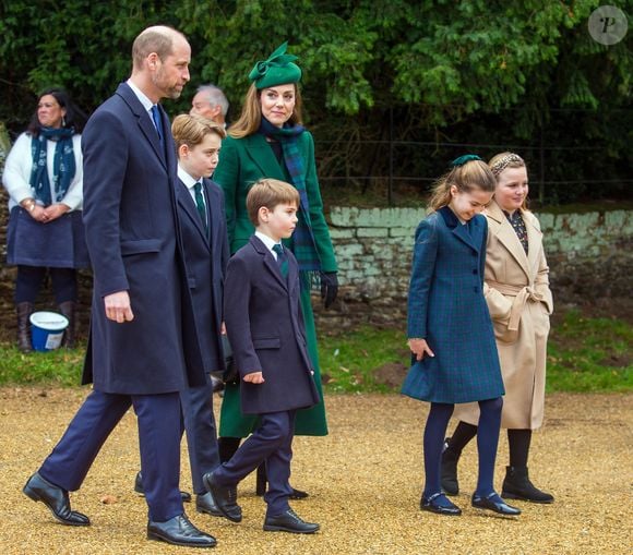 Mia Grace Tindall, Catherine (Kate) Middleton, princesse de Galles, Prince Louis, Princesse Charlotte, Prince George, Le prince William, prince de Galles - La famille royale britannique se rend à la messe de Noël à Sandringham le 25 décembre 2024.