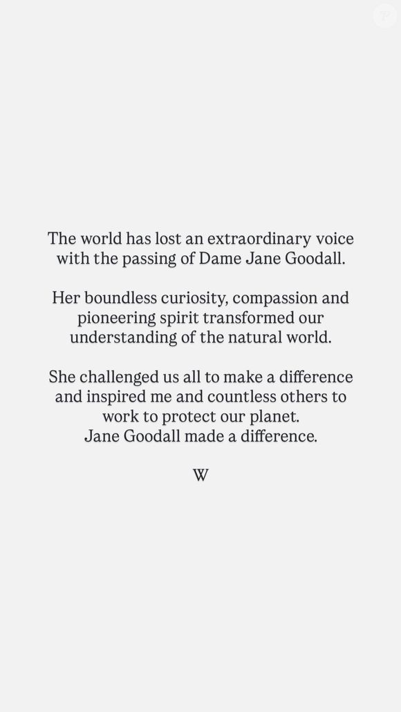 Le prince William a rendu un hommage bouleversant à Jane Goodall. Photo : Instagram