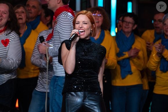 Natasha St-Pier, chanteuse et animatrice canadienne lors du Téléthon 2023, à Saint Denis, près de Paris, France, le 9 décembre 2023. Photo par Alexis Jumeau/ABACAPRESS.COM