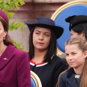 La princesse de Galles et la princesse Charlotte regardent le défilé militaire pour le 80e anniversaire du jour de la Victoire en Europe, au palais de Buckingham, dans le centre de Londres. Lundi 5 mai 2025. Photo by Jonathan Brady/PA Wire/ABACAPRESS.COM