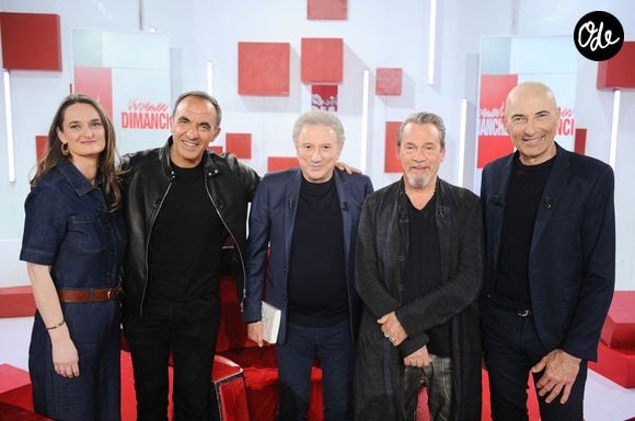 Aurélie Clemente-Ruiz, Nikos Aliagas, Michel Drucker, Florent Pagny et Nicolas Canteloup lors de l'enregistrement de l'émission « Vivement dimanche » au studio Rive Gauche, présentée par Michel Drucker, diffusée sur France 3 le 21 juin 2026, à Paris, France, le 20 mai 2026. © Guillaume Gaffiot/Bestimage