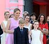 Beatrice Borromeo, la princesse Charlene, ses  enfants, le prince héréditaire Jacques et la princesse Gabriella, Charlotte Casiraghi et Tatiana Santo Domingo - Célébration des 20 ans de règne du prince souverain Albert II de Monaco sur la place du Palais à Monaco, le 19 juillet 2025. © Bruno Bebert/Bestimage