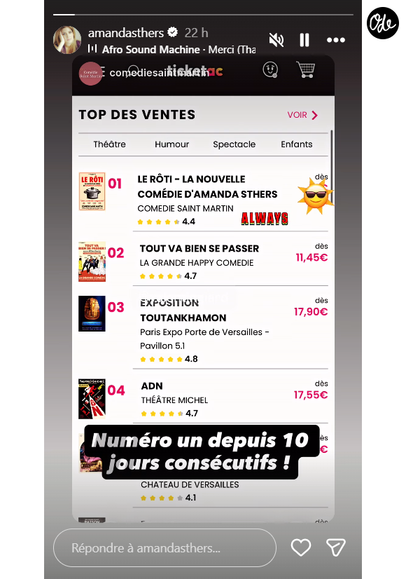 Amanda Sthers, heureuse de voir sa pièce "Le Rôti" à la première place des meilleures ventes - Instagram