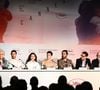 Virginie Apiou, Julia Ducournau, Tahar Rahim, Mélissa Boros, Finnegan Oldfield, Jean-Christophe Bouzy, Severin Favriau, Jim Williams, Éric Altmayer et Jean-Rachid Kallouche à la conférence de presse du film "Alpha" (Compétition) lors du 78ème Festival International du Film de Cannes, le 20 mai 2025. 
© Valentina Claret / Pool Cannes / Bestimage