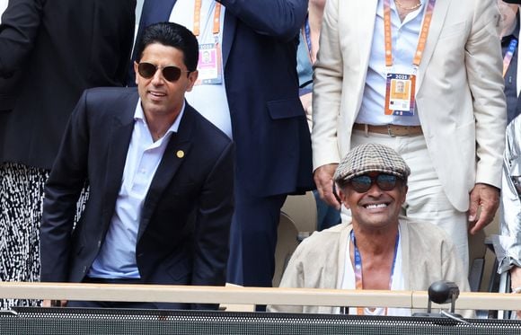 Nasser al-Khelaïfi (président du PSG) et Yannick Noah lors de la présentation du trophée de la Ligue des champions sur le court Philippe-Chatrier lors des internationaux de France de Tennis de Roland Garros 2025 (Jour 9), à Paris, France, le 2 juin 2025. © Jacovides-Moreau/Bestimage